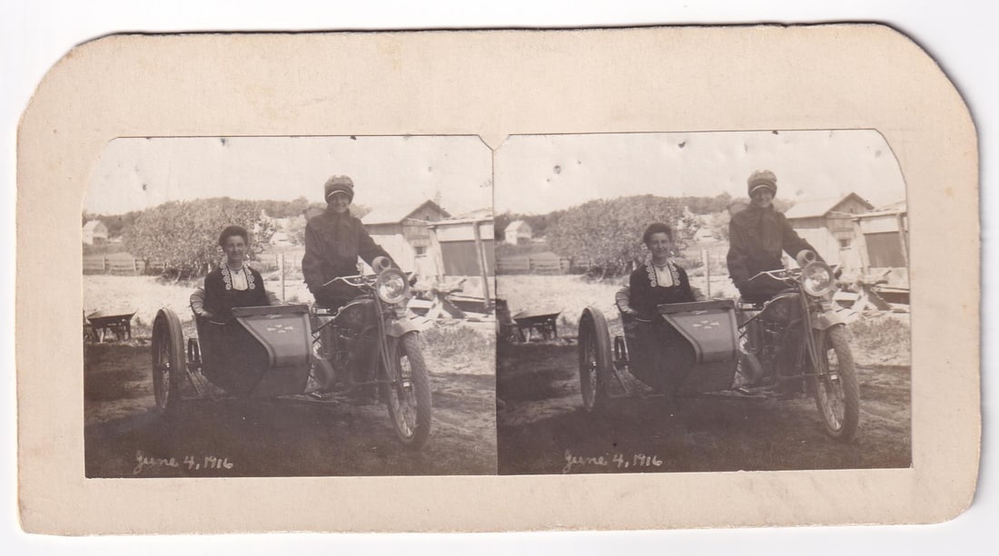 1916 Women on Excelsior Motorcycle Stereoview (1 of 3)