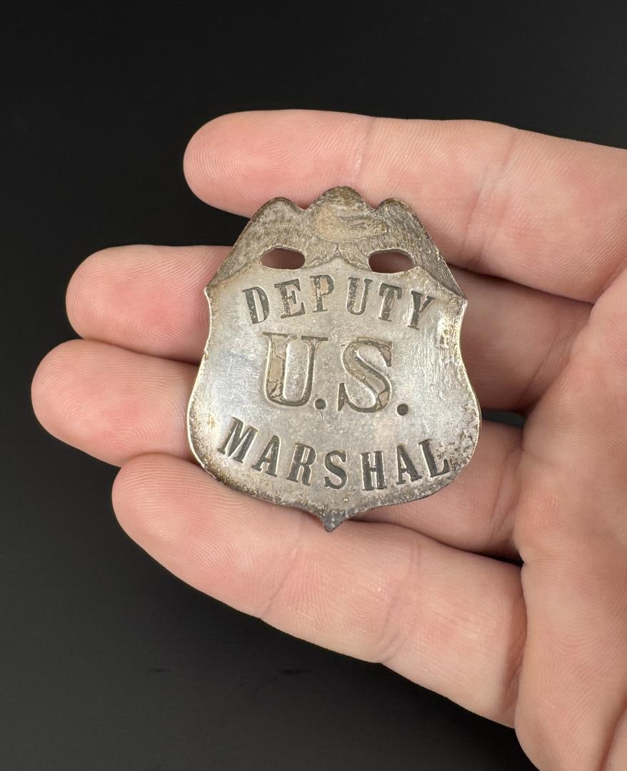 Deputy US Marshal Badge Langenbacker: Made by David Langenbacker. Sterling Silver. 1 1/2" by 1 3/4". 13.9 grams.