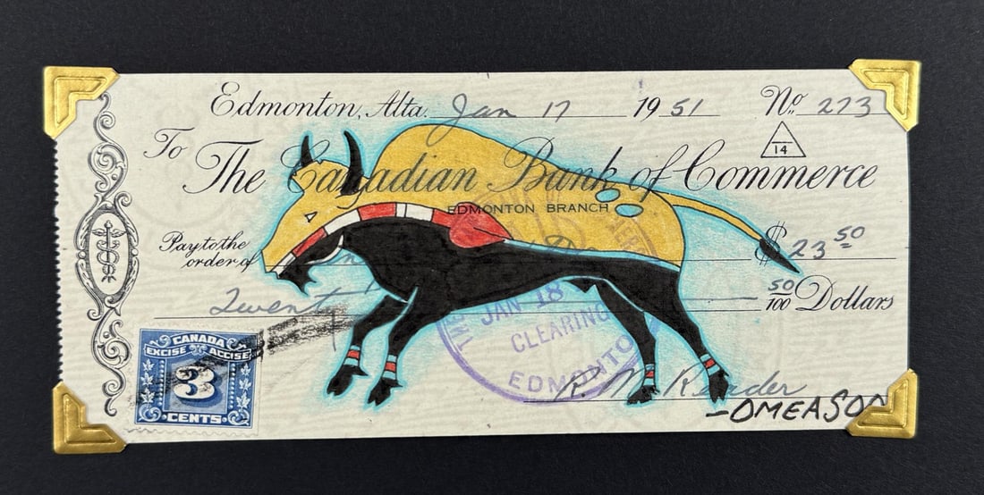 Lyle Omeasoo Blackfeet Montana Ledger Painting: Title is Yellow Buffalo. 3" by 6 1/2". Lyle Omeasoo, was born on the Blackfeet Reservation in Montana. He is of the Blackfeet and Cree tribes. His children inspire him to paint and to be a good role m