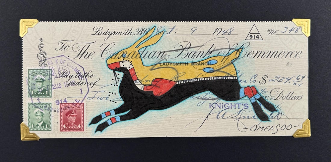 Lyle Omeasoo Blackfeet Montana Ledger Painting: Title is Yellow Rabbit. 3 1/2" by 8 1/4". Lyle Omeasoo, was born on the Blackfeet Reservation in Montana. He is of the Blackfeet and Cree tribes. His children inspire him to paint and to be a good rol