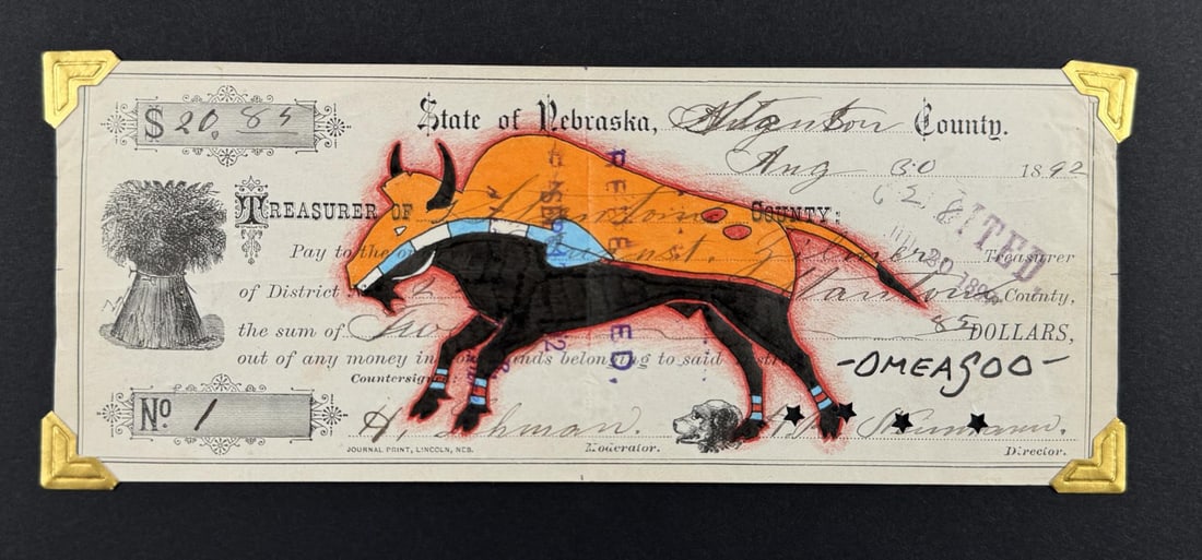 Lyle Omeasoo Blackfeet Montana Ledger Painting: Title is Orange Buffalo. 3" by 7 1/2". Lyle Omeasoo, was born on the Blackfeet Reservation in Montana. He is of the Blackfeet and Cree tribes. His children inspire him to paint and to be a good role m