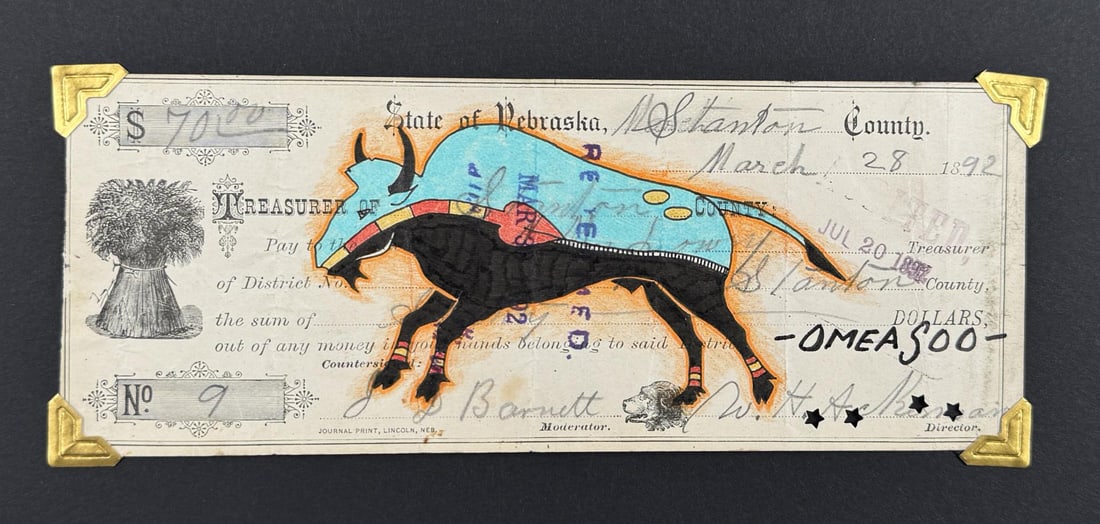 Lyle Omeasoo Blackfeet Montana Ledger Painting: Title is Blue Buffalo. 3" by 7 1/4". Lyle Omeasoo, was born on the Blackfeet Reservation in Montana. He is of the Blackfeet and Cree tribes. His children inspire him to paint and to be a good role mod