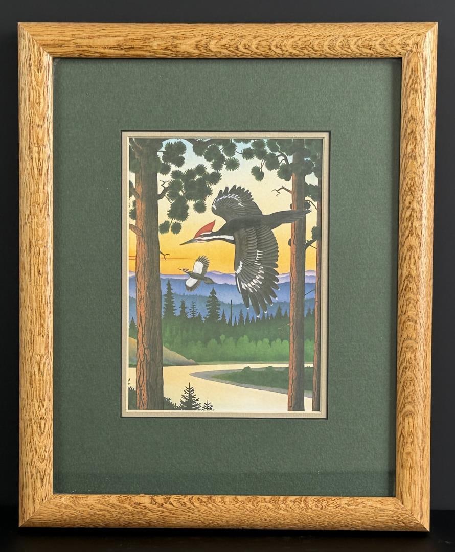 Monte Dolack Pileated Woodpeckers Print: 9" by 11" framed.