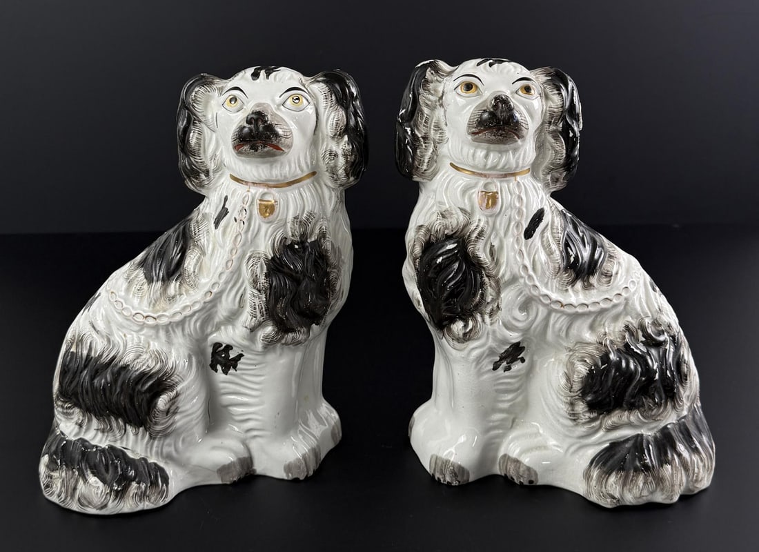 Pair of English Black & White Staffordshire Dogs: 9 1/2" by 8" by 4 1/4".