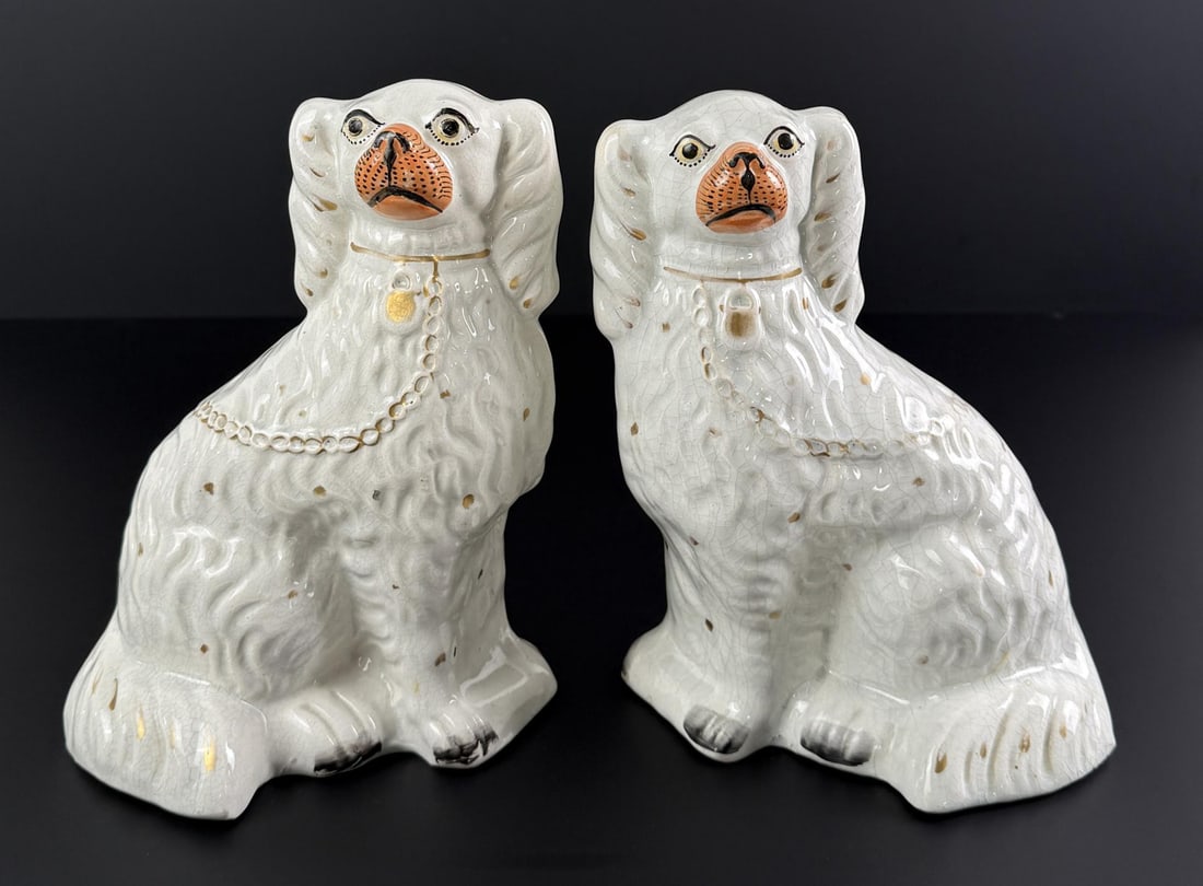 Pair of English White Staffordshire Dogs: 9 7/8" by 7 1/2" by 5 1/4"