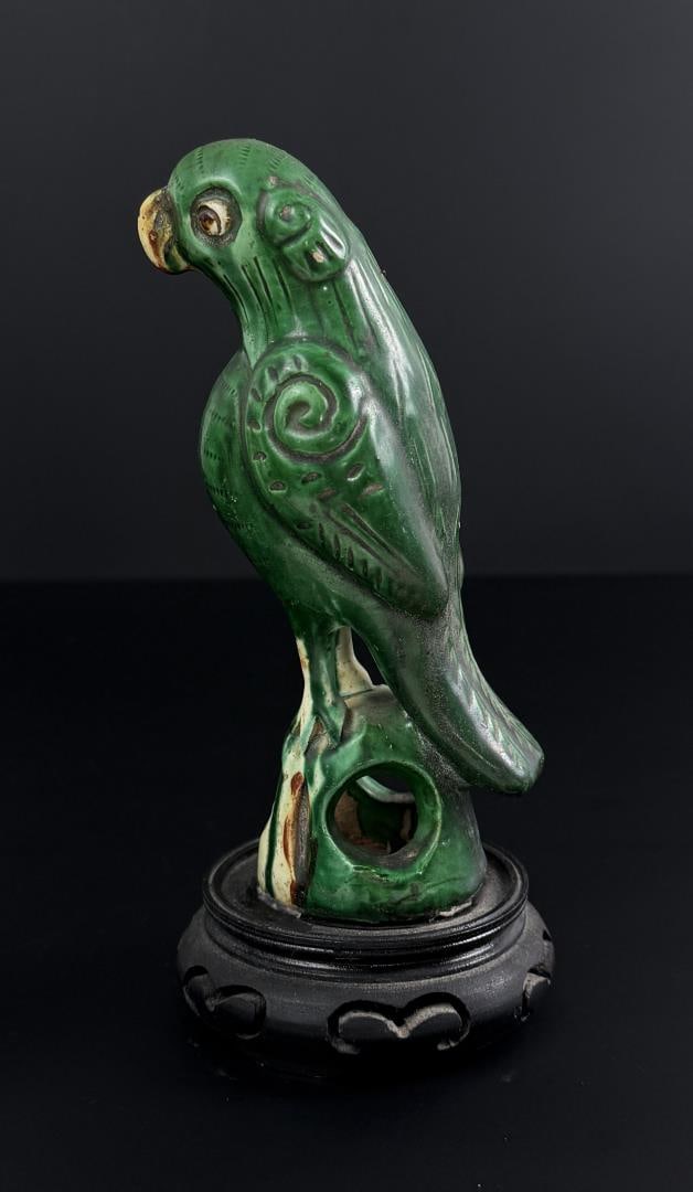 Chinese Export Sancai Pottery Parrot Censer: 8 5/8" by 4" on stand.