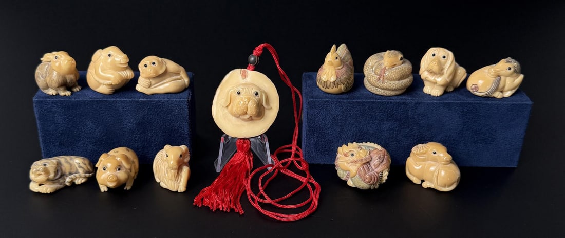 Japanese Tagua Nut Netsuke Zodiac Animals: Largest is 1 1/2" tall.