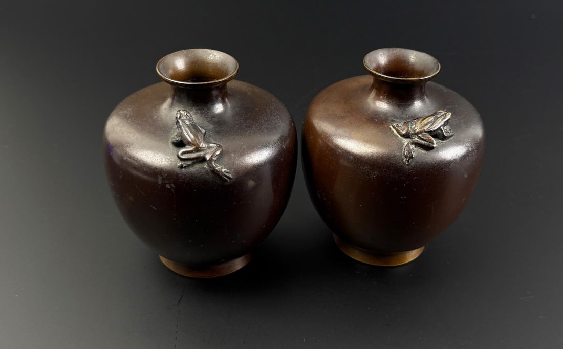 Meiji Period Japanese Bronze Frog Vases: 3 7/8" by 3 1/4" by 3 1/4".