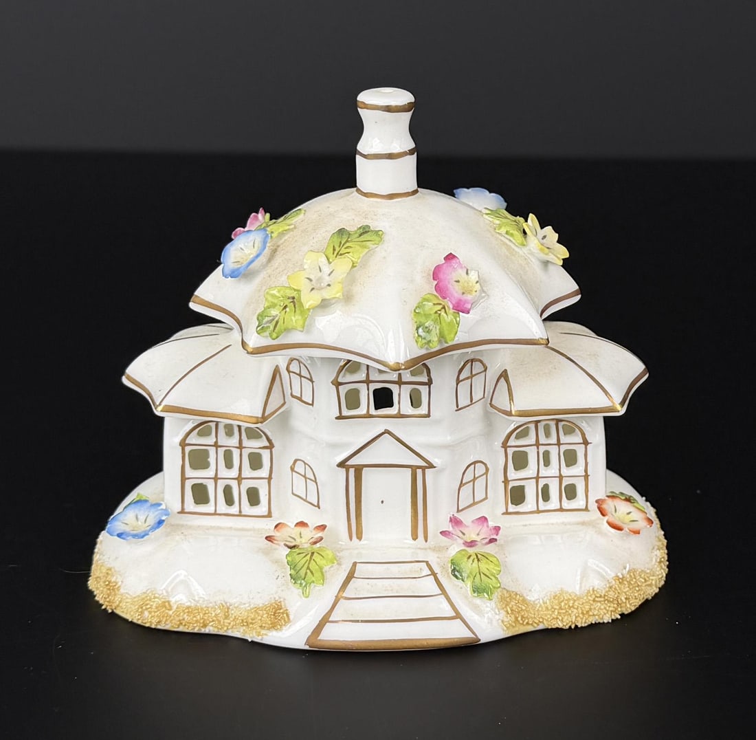 Coalport The Parasol House Incense Burner: 4 7/8" by 3 7/8" by 3 1/4". Fine bone China. One flower is chipped.