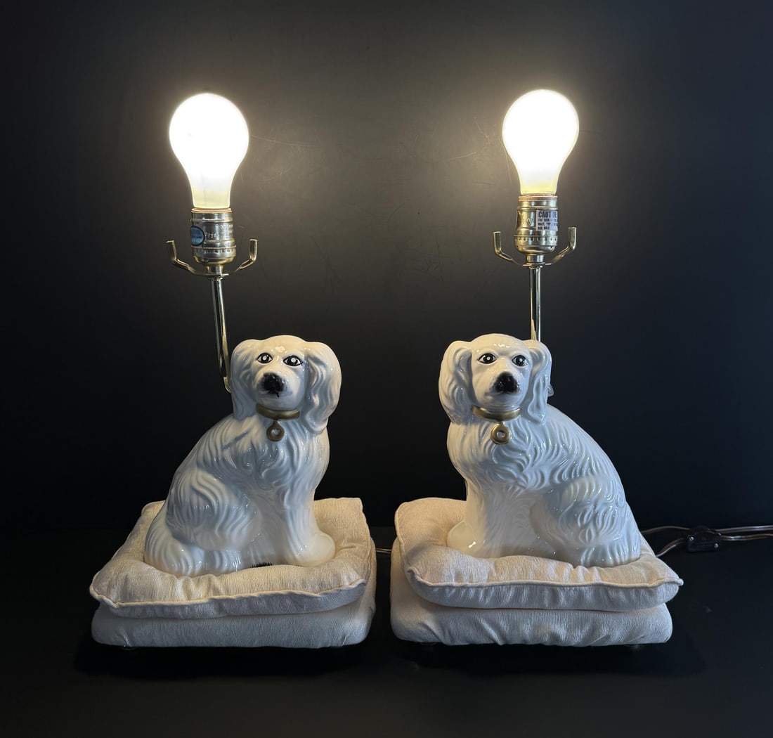 Staffordshire King Charles Spaniel Dog Lamps: 14 1/4" by 10 1/4" by 7 7/8". Both are in working condition.