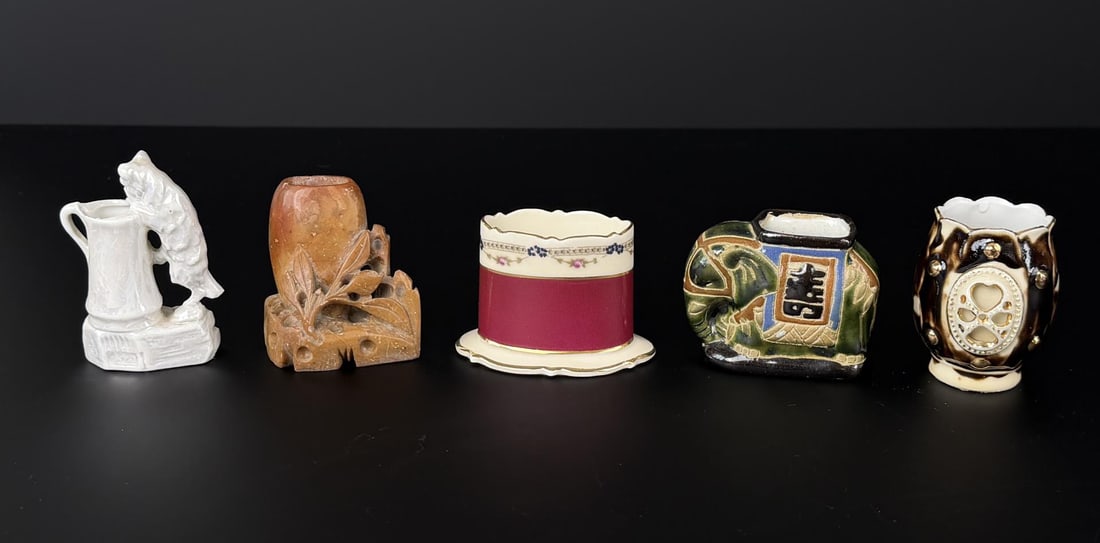 Collection of Porcelain Stone Toothpick Holders: 3" by 2 1/4" by 1 1/4".