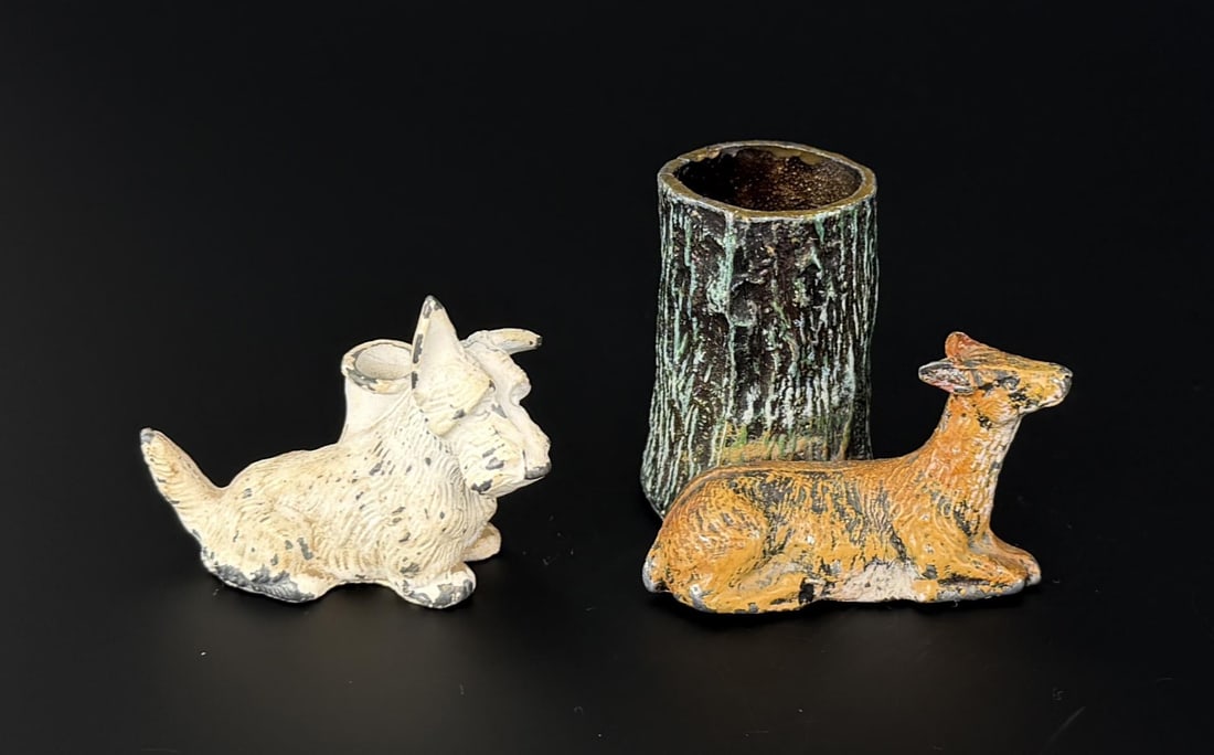 Deer and Dog Spelter Toothpick Holders: 2" by 2" by 1 7/8".