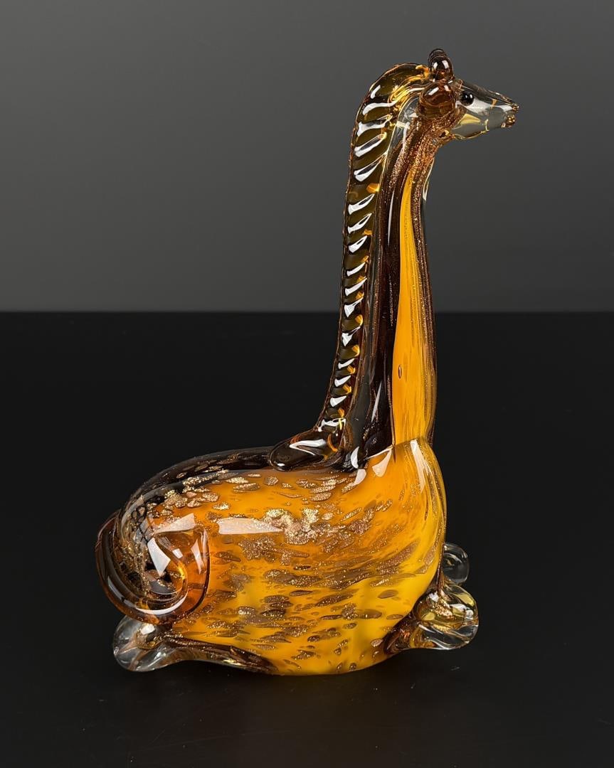 Murano Amber Glass Giraffe: 9 1/4" by 6 1/4" by 2 7/8".