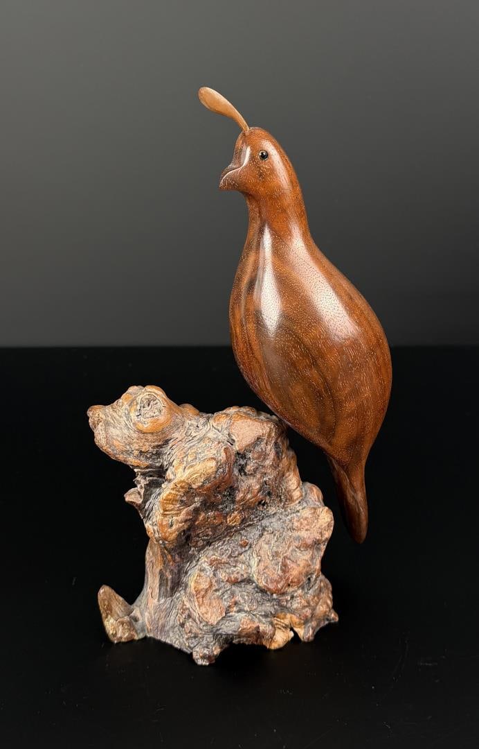 Bruce Stamp Walnut Carved Quail: 9 1/4" by 5 1/2" by 3 7/8". Made in 1979.