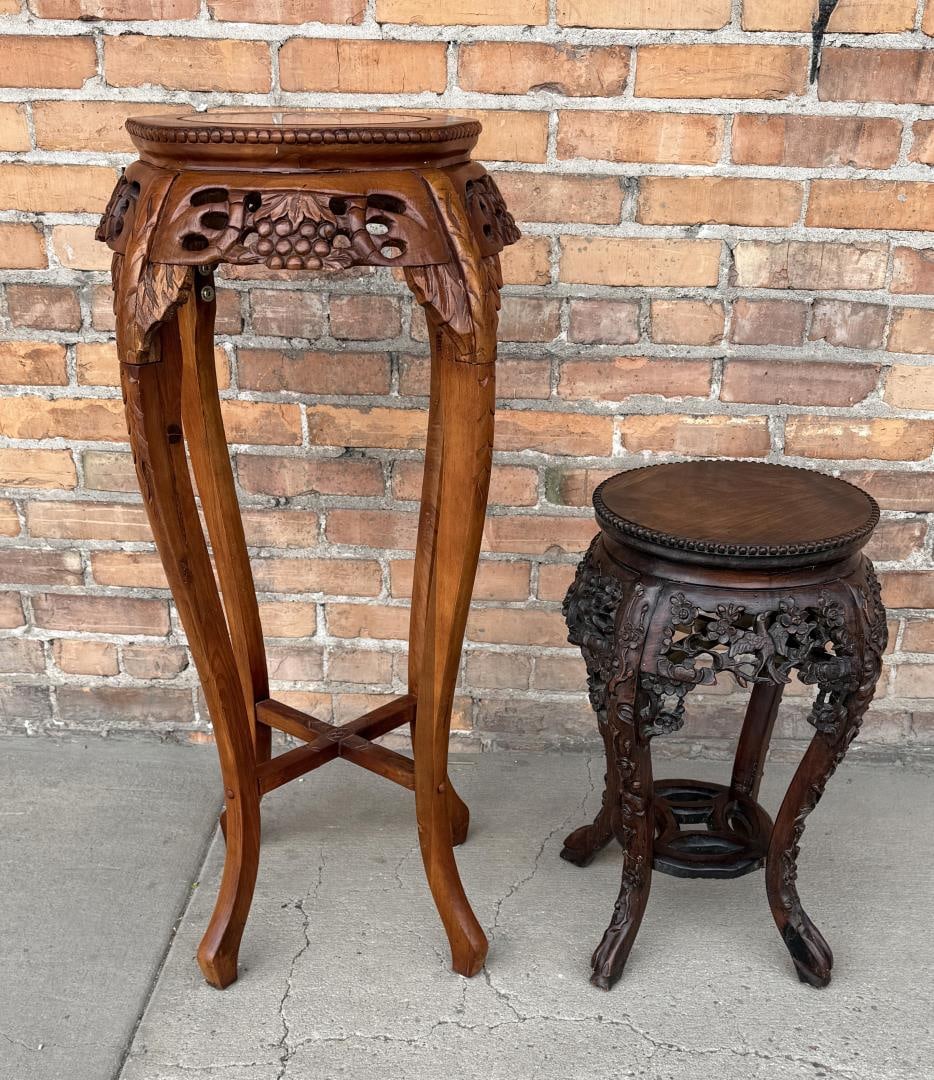 Chinese Rosewood Jardiniere Marble Plant Stands: Larger one has a marble inlay top and is 17" wide and 36 1/2" tall. Both have some wear due to age and use as shown.