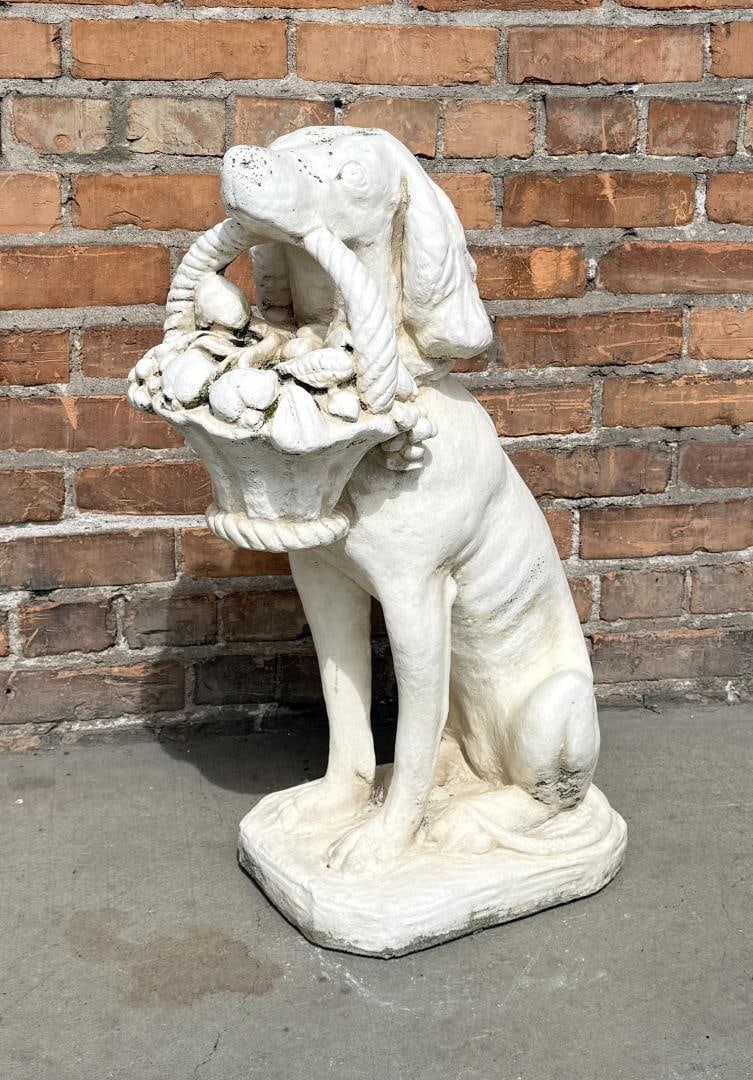 Cast Stone Dog Holding Basket Garden Statue: 18" wide, 28" tall.