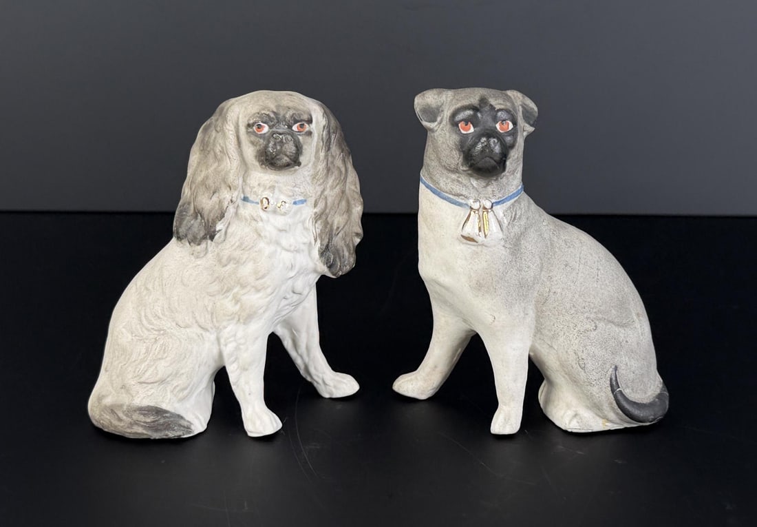 Pair of Bisque Staffordshire Style Pugs Dogs (1 of 7)