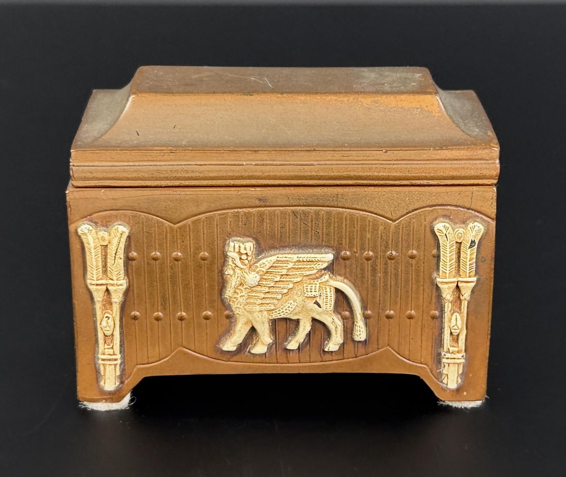 Art Deco Egyptian Revival Casket Dresser Box: 3 1/4" by 2 1/2" by 1 7/8".