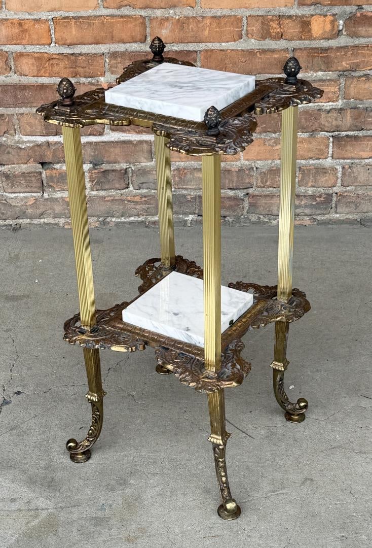 Hollywood Regency Brass and Marble Plant Stand: 27" tall, 13" diameter.
