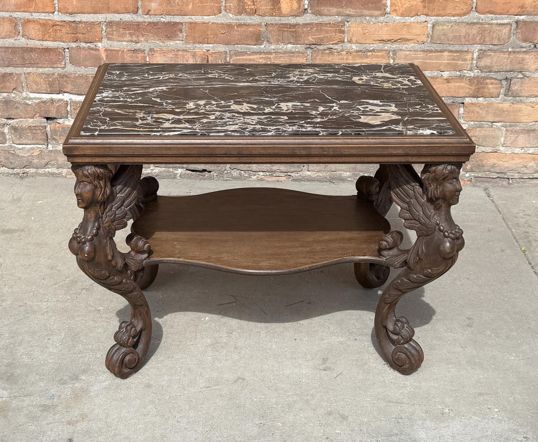 Italian Oak and Marble Gargoyle Hall Table: 20" by 26" by 18".