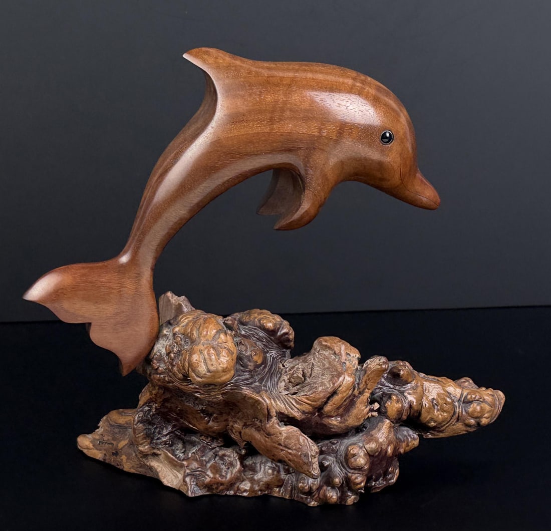 Bruce Stamp Walnut Carved Dolphin: 9 1/4" by 8 5/8" by 4"