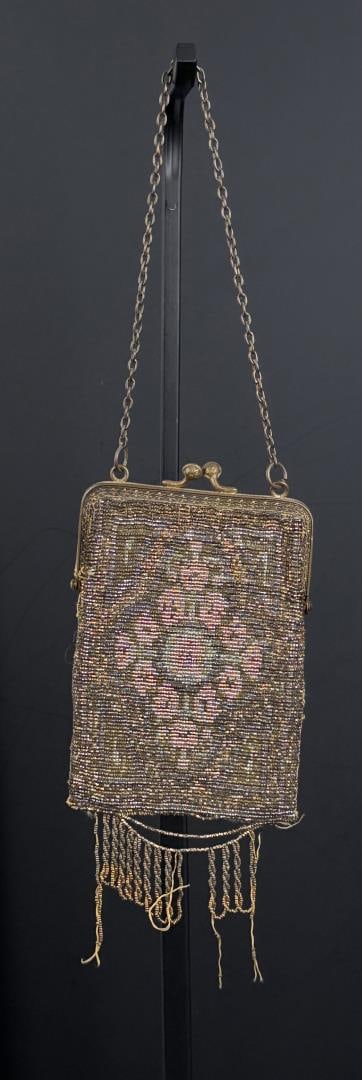 Art Deco French Beaded Flapper Purse: 10 3/4" by 3 5/8". Some bead loss.