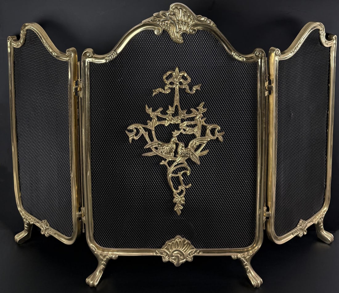 French Louis XVI Style Brass Fireplace Screen: 29 1/2" tall, 41" long as displayed.