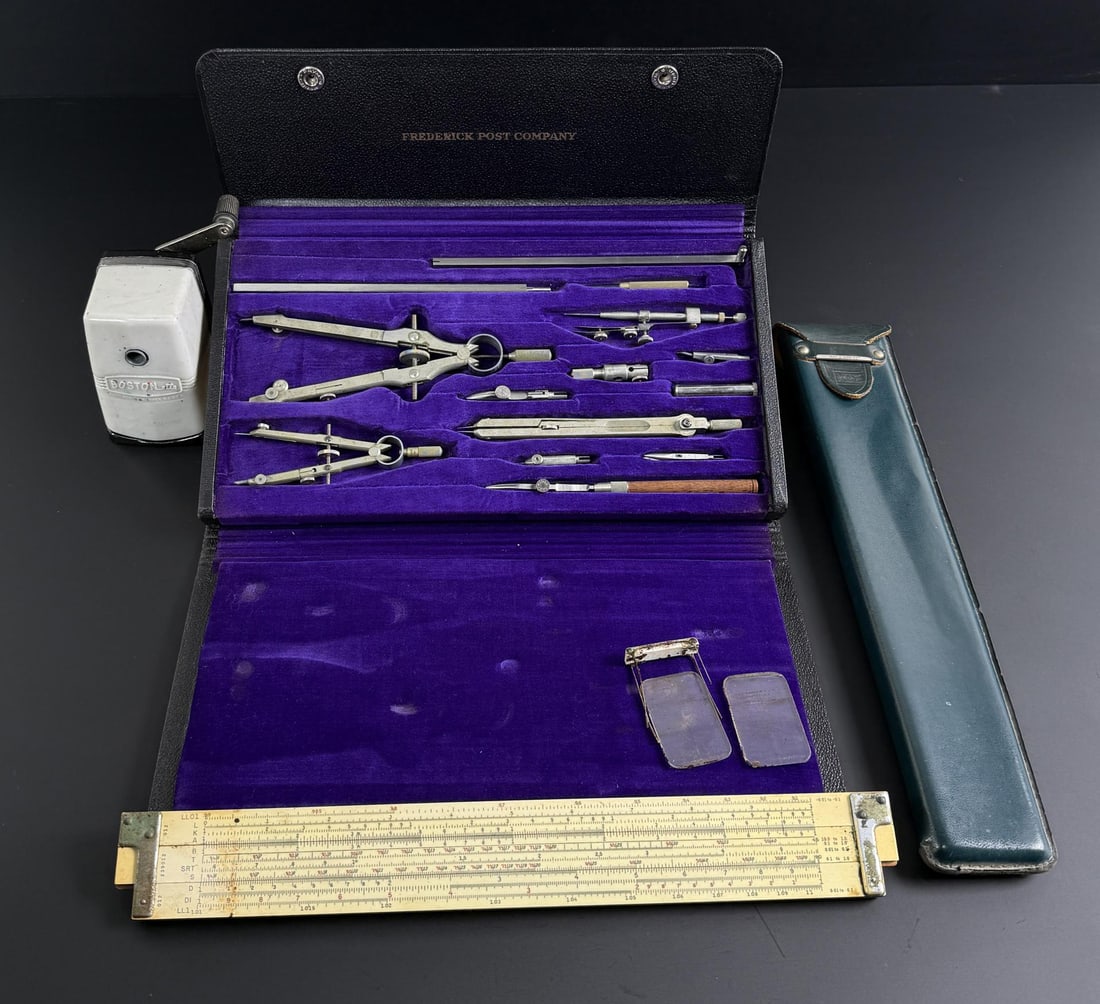Frederick Post Company Drafting Instrument Set: Sold with a Bostonette pencil sharpener and a Keuffel & Esser Log Duplex slide rule.