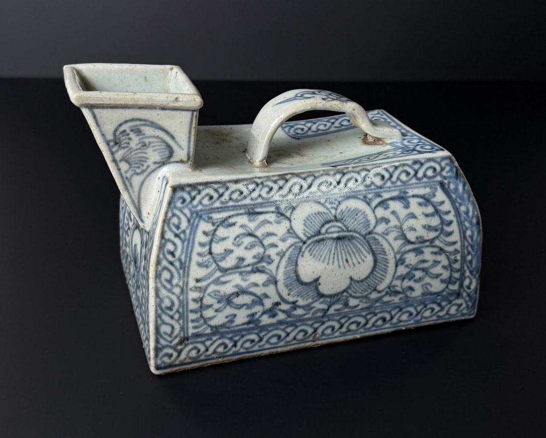Chinese Porcelain Chamber Pot Urinal: 9" by 6" by 5 1/2". Cracked across the handle. Republic Period