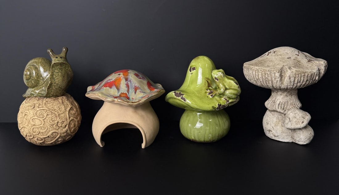 Group of Ceramic and Concrete Garden Mushrooms: Nice Grouping. The concrete mushroom stands 8 3/4" tall.