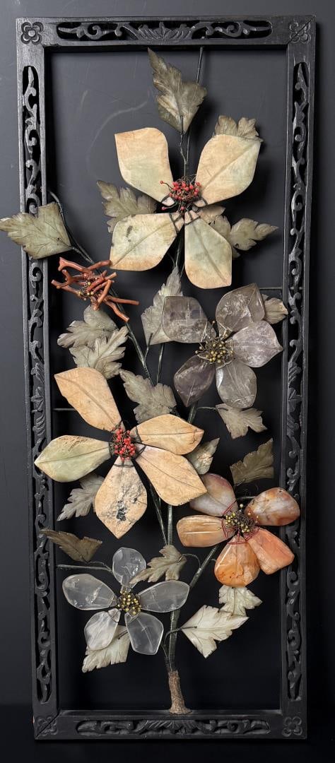 Chinese Hardstone Floral Wall Panel: 19 3/8" by 8 1/4" by 1 1/4". Carved wood frame.