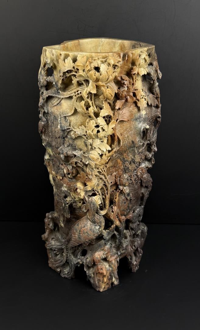 Antique Chinese Soapstone Vase Carving: 7 3/4" diameter, 17 1/8" tall.