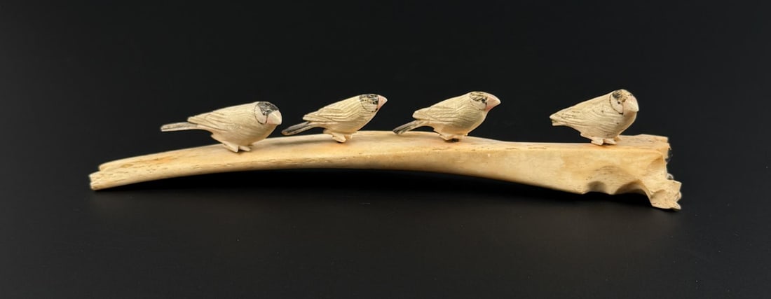 Alaskan Inuit Eskimo Ivory Carved Birds: 6 5/8" Long. Native made prior to 1972. This item cannot be shipped to Oregon, California, Hawaii, New York, New Jersey, Internationally, or any other state that prohibits.