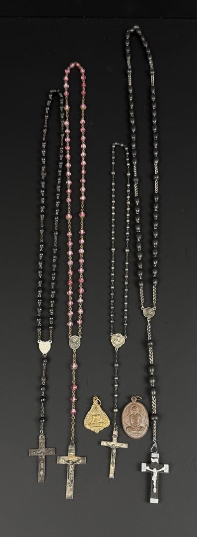 Collection of Religious Beaded Rosaries Pendants: Nice grouping. The longest rosary measures 19 3/8" long as shown.