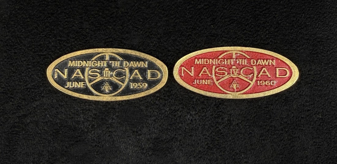 Pair of NASCAD Overnight Endurance Driving Badges: Dated 1959 and 1960. Each piece is 2" long.