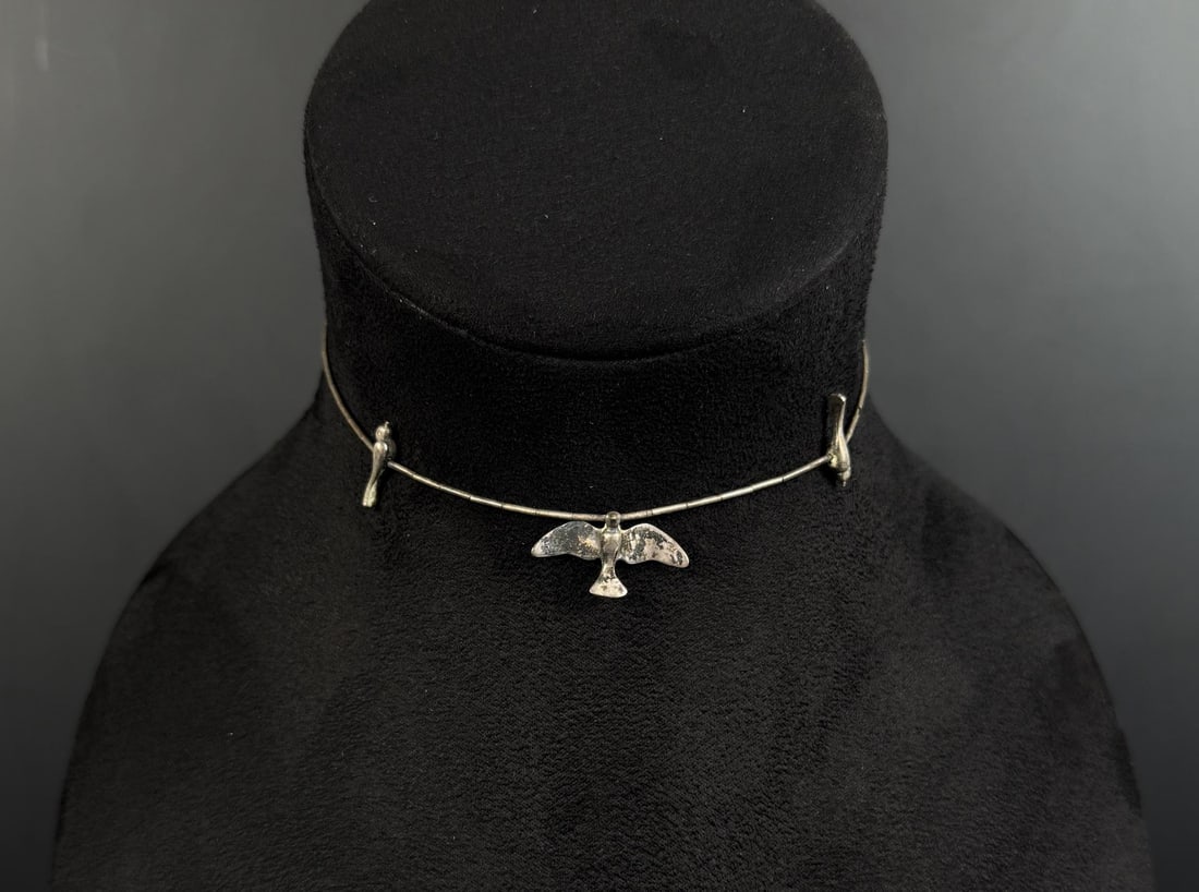 Navajo Sterling Silver Bird Choker Necklace: 5 7/8" long as displayed. 6.94 grams.