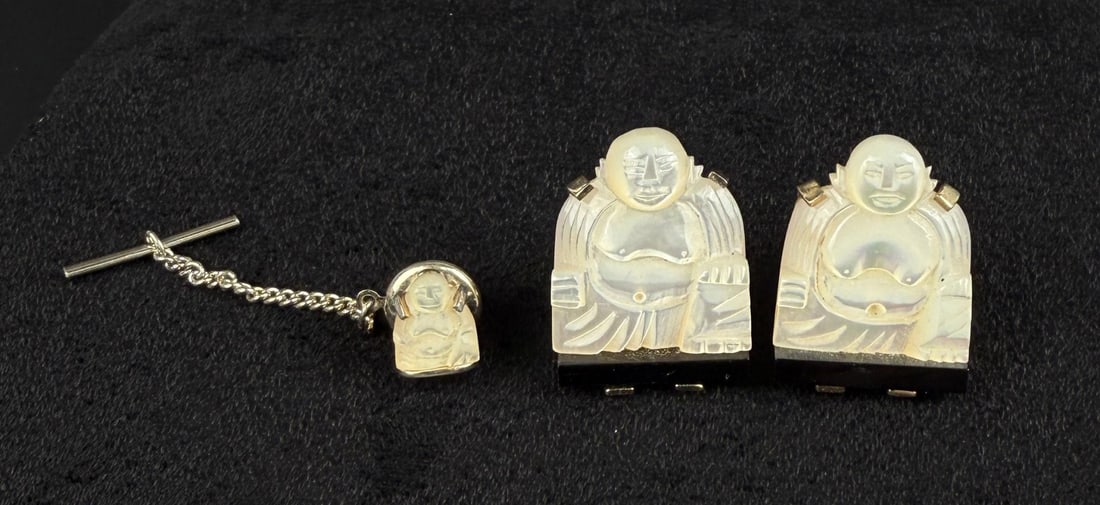 Swank Mother of Pearl Buddha Cufflinks Tie Tack: Nice set
