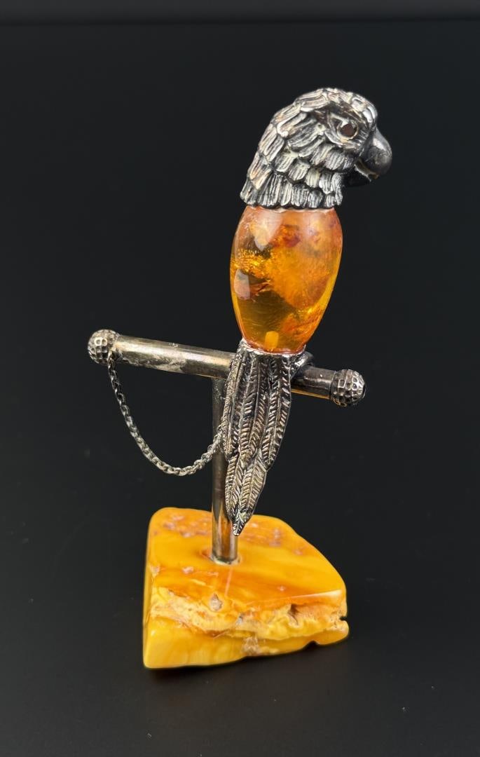 Sterling Silver and Baltic Amber Parrot Figurine: 44.2 grams total. 3 3/4" by 1 5/8" by 1 1/2".