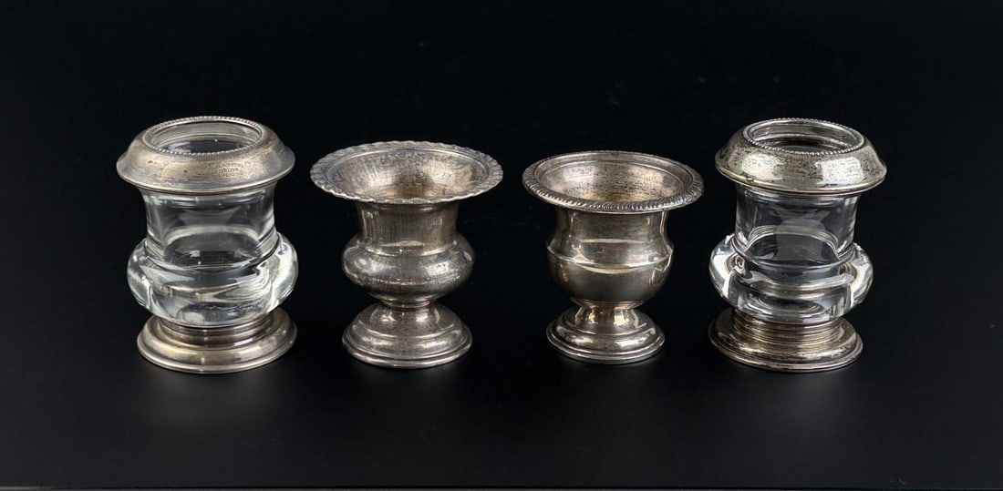 Sterling Silver and Glass Toothpick Holders: Total weight is 482 grams. The pieces with glass are manufactured by Frank M. Whiting and are 3" tall.