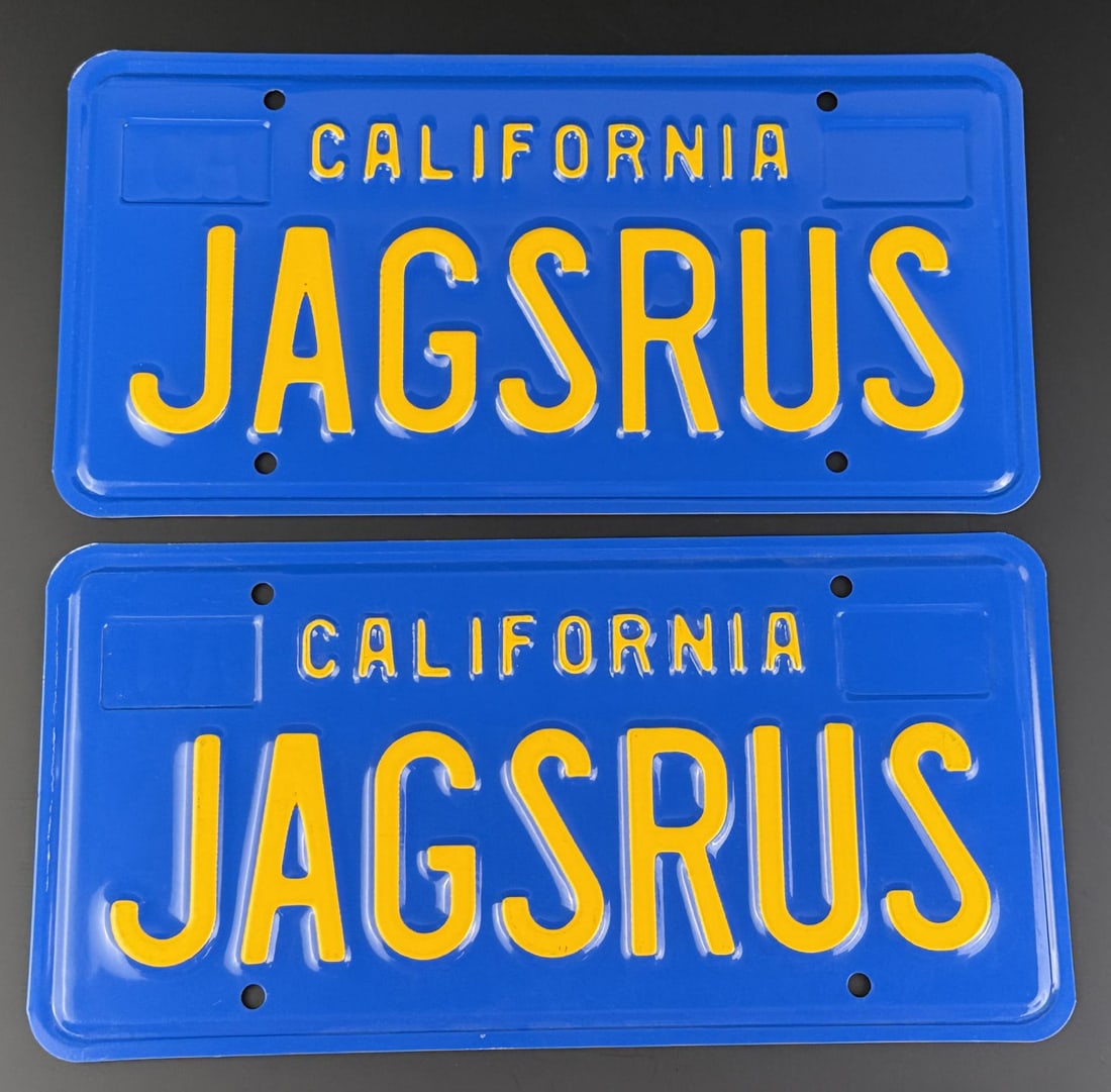 California JAGSRUS Vanity License Plate Set: Nice vanity plates for Jaguar vehicle enthusiasts. Clean and in good condition.