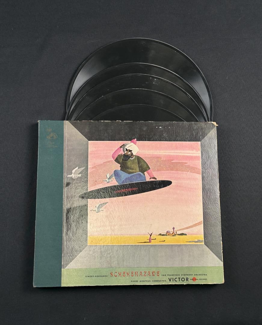 Rimsky Korsakovs Scheherazade Vinyl Record Set: Pierre Monteux conducting the San Francisco Symphony Orchestra. 78 RPM Victor Red Seal.
