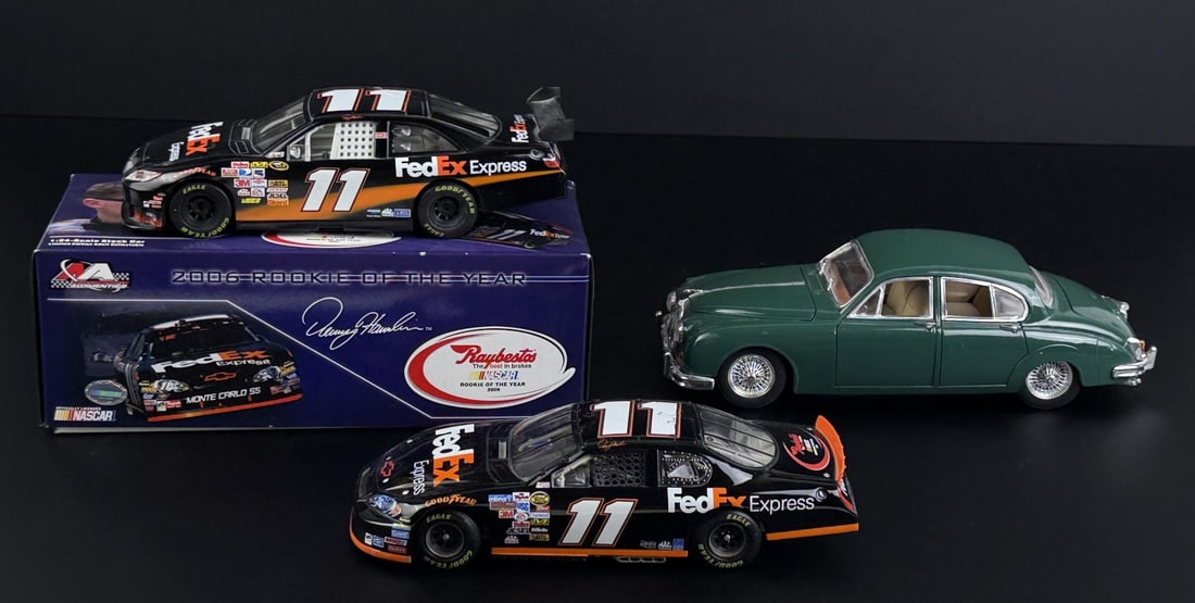 Collection of Die Cast Model Cars: Includes 2 Denny Hamlin #11 FedEx Express NASCAR Monte Carlo SS models and a 1959 Jaguar Mark II model by Maisto.