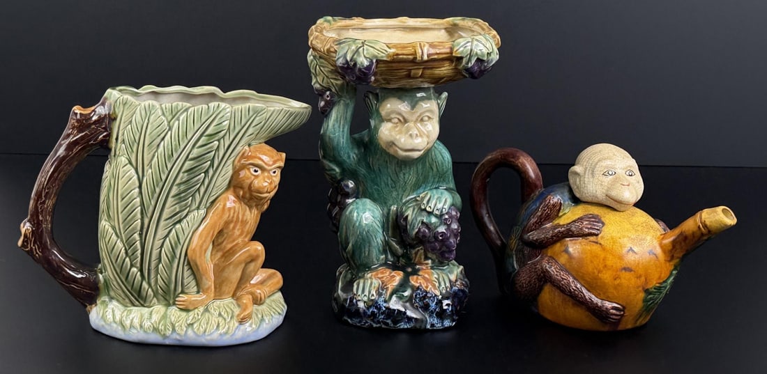 Collection of Chinese Monkey Pottery Items: Nice grouping. Features a Majolica Pitcher. The pedestal bowl is 9 3/8" tall.