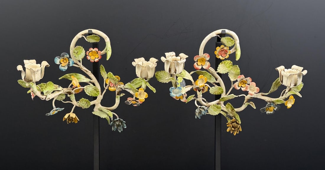 Hollywood Regency Italian Floral Tole Wall Sconces: Nice pair. Each one measures 10 1/4" by 8 5/8" by 5 1/8"