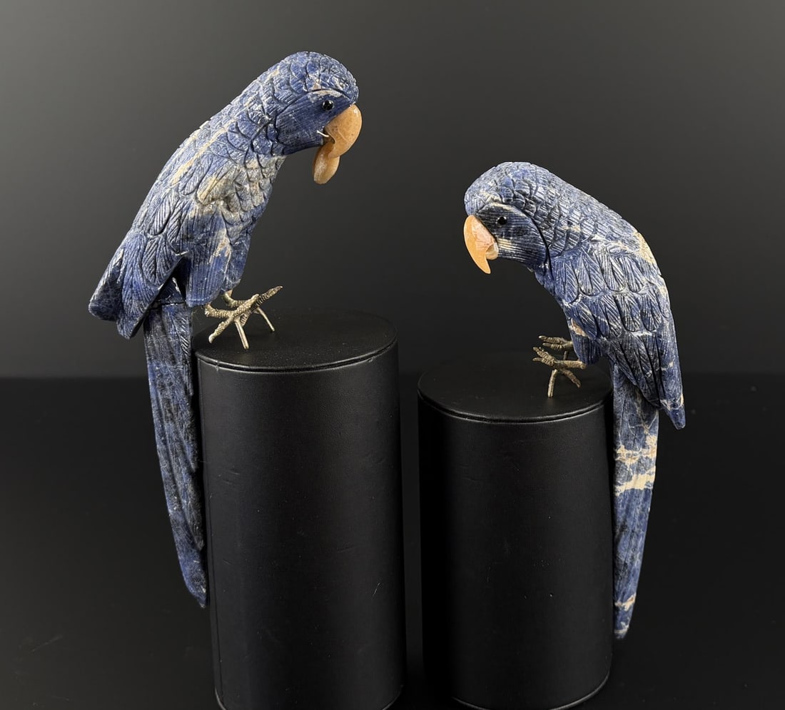 Pair of Carved Sodalite Bird Figurines: The larger bird is 9 1/4" by 2 3/4" by 2".