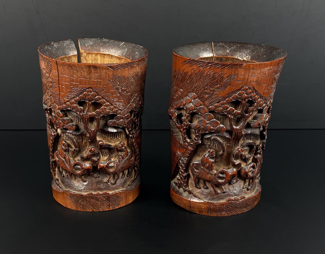Antique Chinese Bamboo Scholar Brush Pots: Each piece is 7 1/2" tall. Beautiful and intricate carvings.