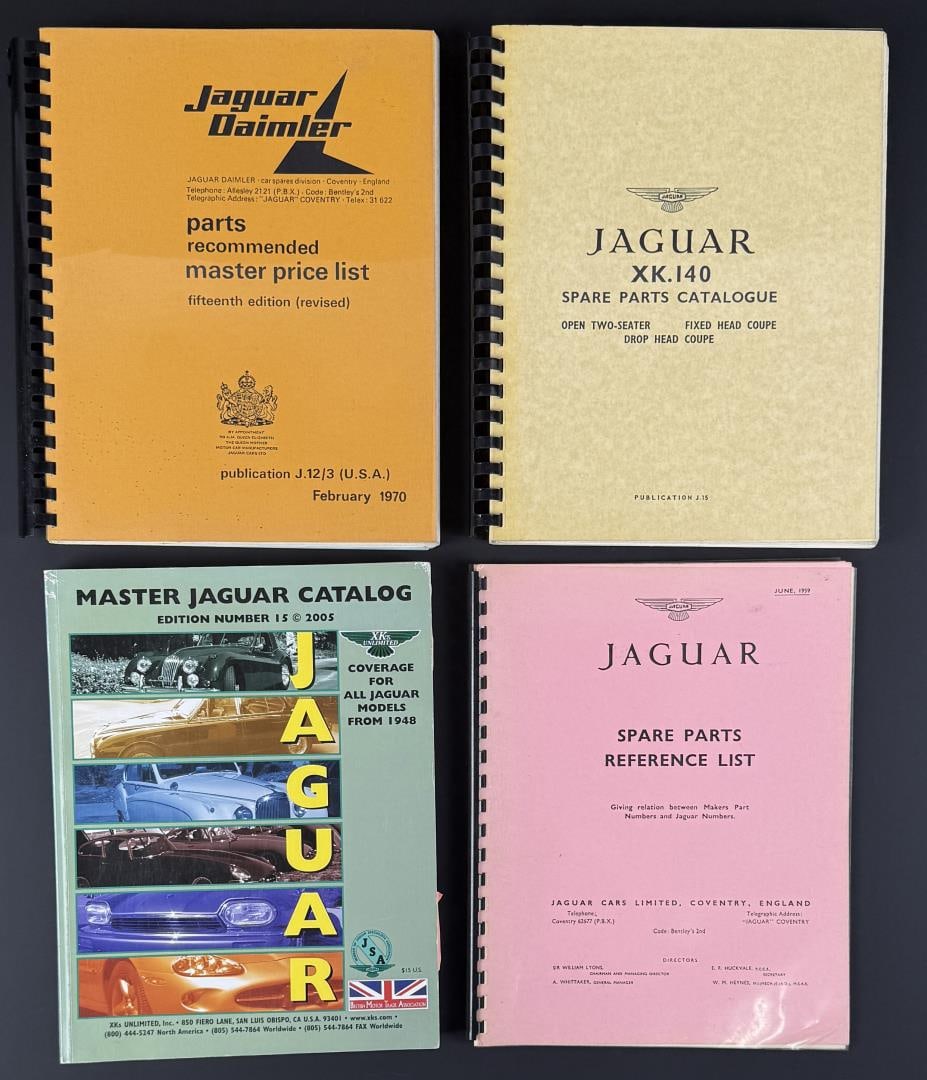 Group of Jaguar Vehicle Parts Catalogs: Included are a Spare parts reference manual for the Mark 2 and 240 models for 1969, an XK140 Spare parts Catalog, a Jaguar Daimler parts recommended master price list from 1970 and a master Jaguar Cat