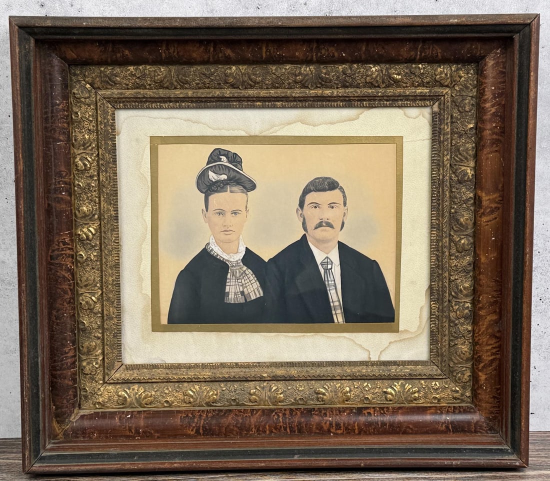 1850s Bagget Bell Texas Family Portrait Painting: 16" by 18 1/4" framed. Named to Stephen Bell and Mary Bagget Bell of Virginia Point, Galveston, Texas.