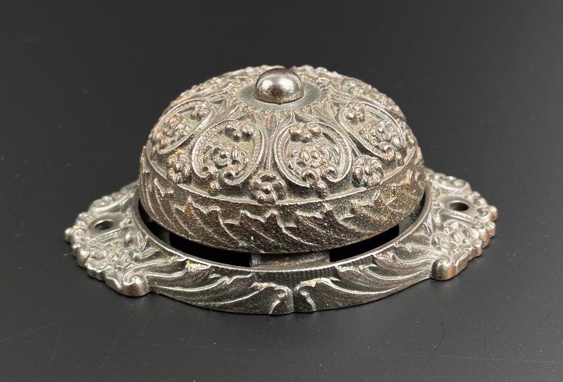 Russell & Erwin Victorian Cast Iron Door Bell: 4 1/4" by 3 1/4" by 1 5/8"