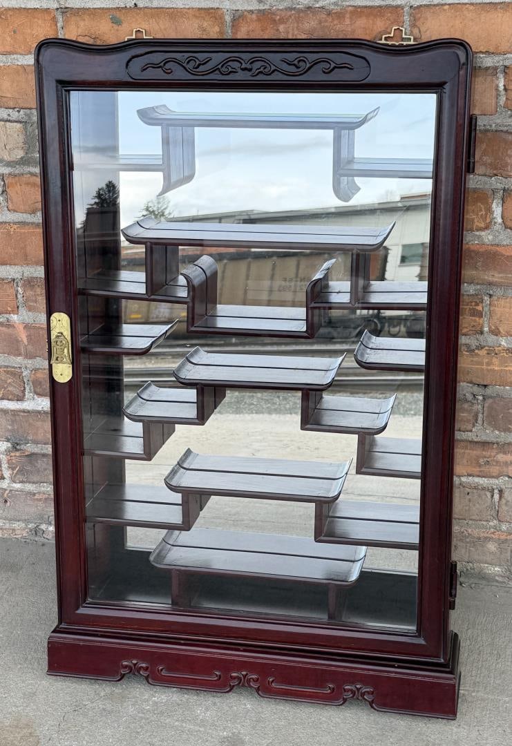Chinese Mirrored Wood Curio Cabinet: Hinge is missing a pin. 32 5/8" by 21" by 4 1/2".